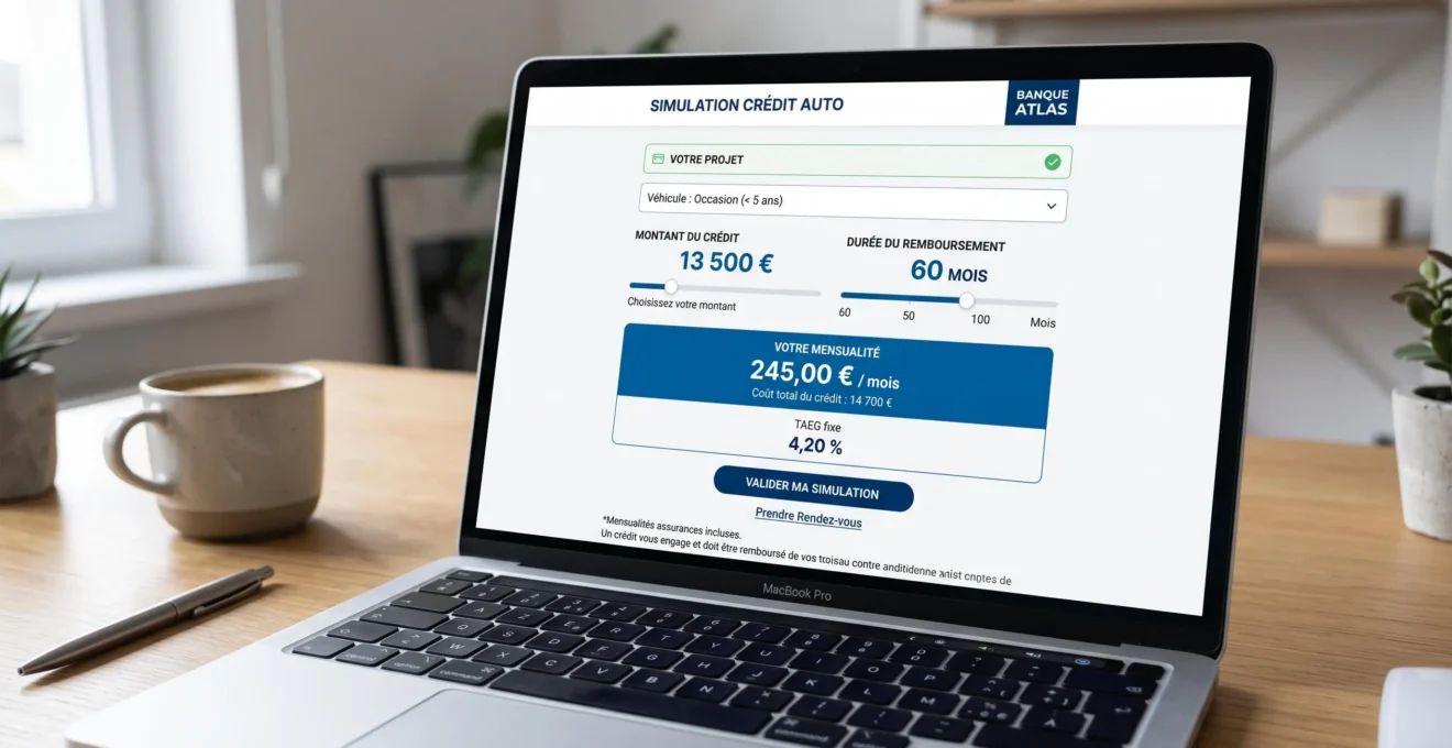 Écran d'ordinateur affichant une interface de simulation de crédit automobile avec champs remplis montrant un montant de 13 500 euros sur 60 mois avec mensualités de 245 euros