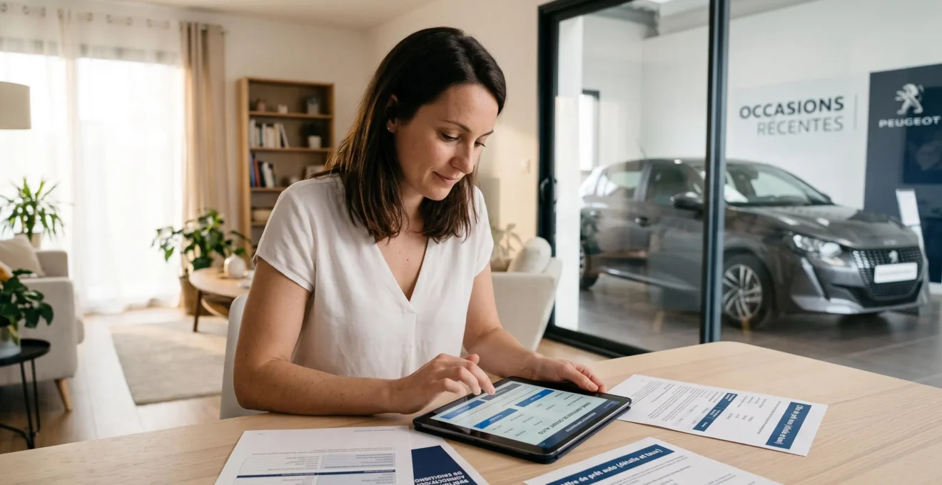 Femme de trente ans consultant une simulation de crédit automobile sur tablette dans un salon lumineux, avec un véhicule d'occasion visible en arrière-plan à travers une baie vitrée, documents de financement posés sur la table
