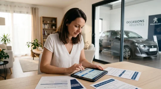 Femme de trente ans consultant une simulation de crédit automobile sur tablette dans un salon lumineux, avec un véhicule d'occasion visible en arrière-plan à travers une baie vitrée, documents de financement posés sur la table