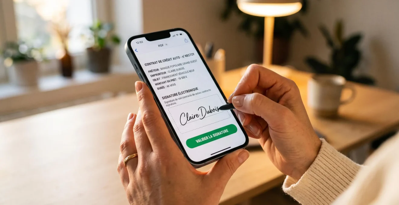 Mains tenant un smartphone affichant une interface de signature électronique d'un contrat de crédit automobile avec bouton de validation vert, dans un environnement de bureau domestique moderne