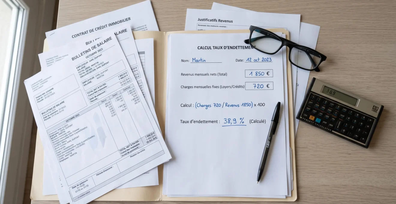 Vue de dessus d'un bureau de conseiller financier avec dossier client ouvert montrant bulletins de salaire, tableau de calcul manuscrit du taux d'endettement avec revenus et charges détaillés, calculatrice et stylo