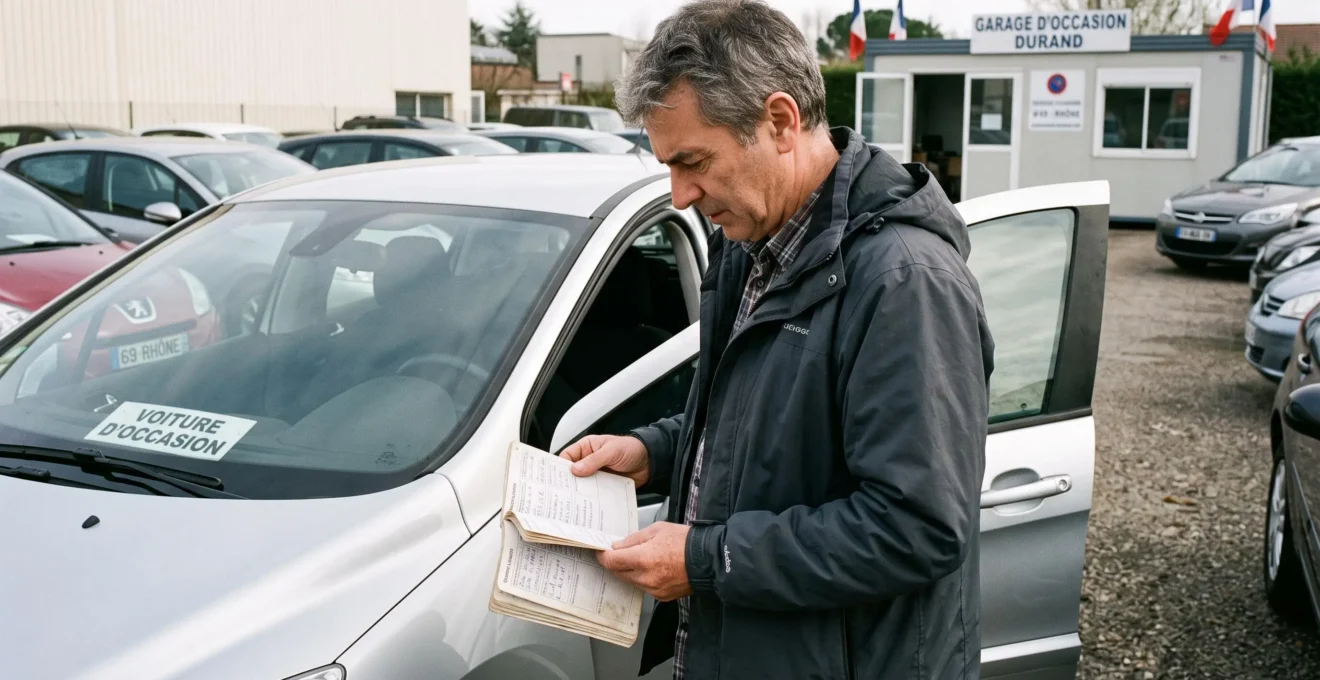 Person reviewing a car's service history booklet while standing next to the vehicle