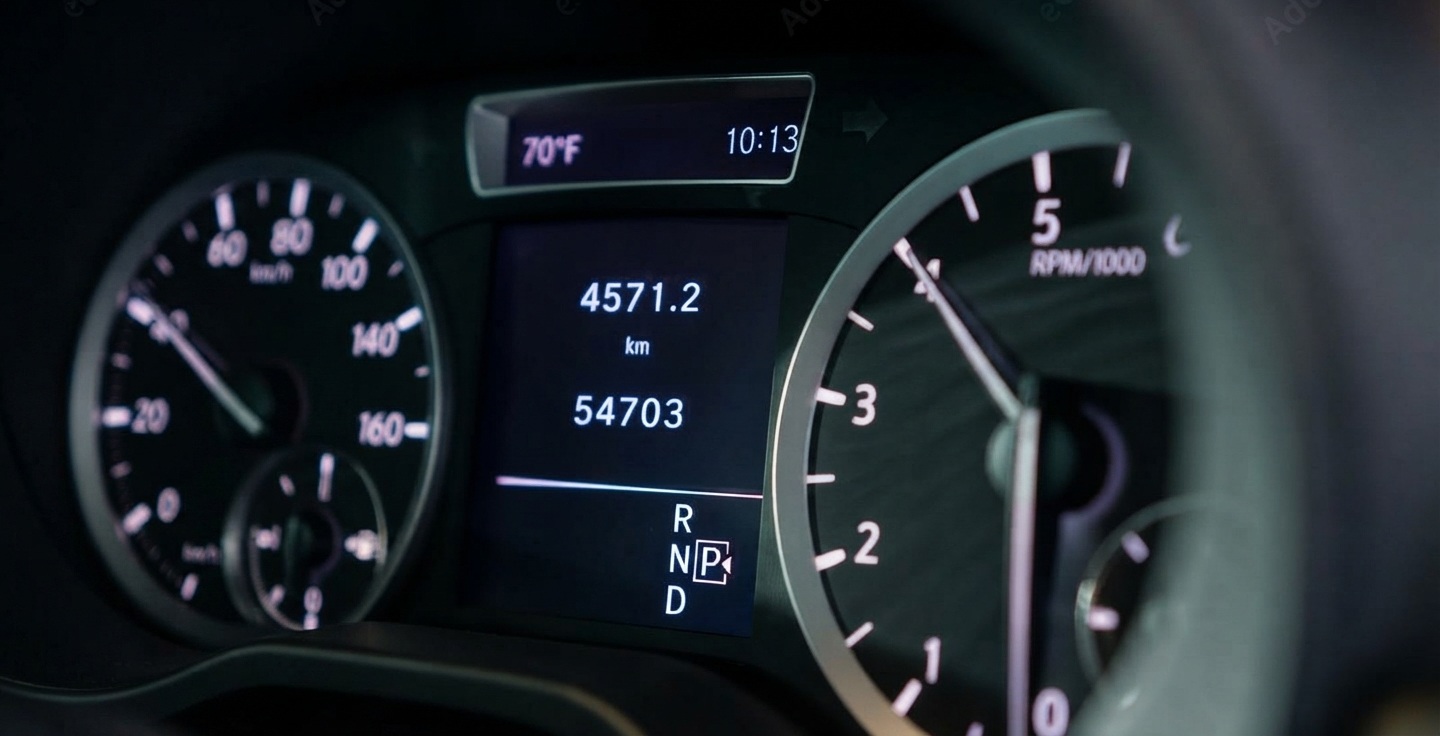 Close-up of a hand checking the odometer reading on a car's dashboard