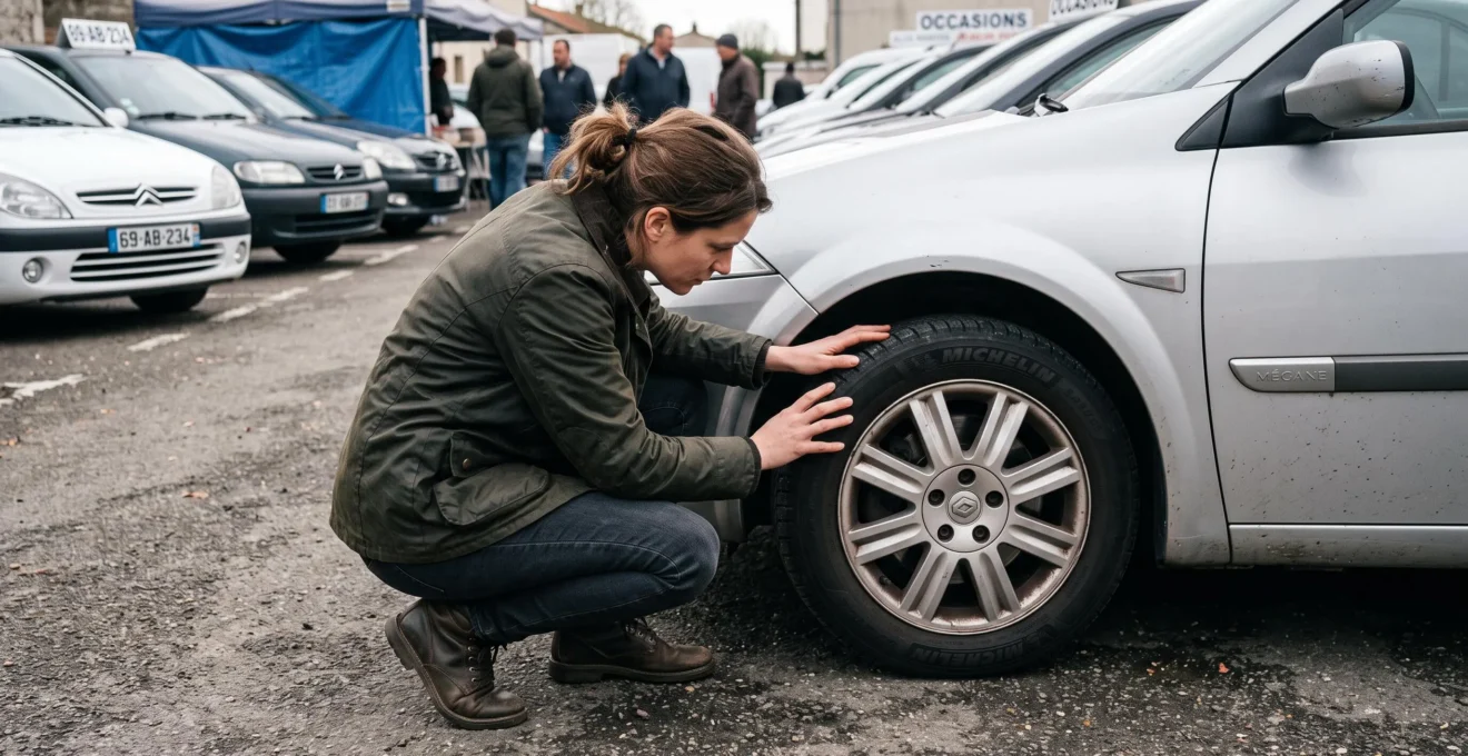 Person crouching to inspect the tire and wheel condition of a used car