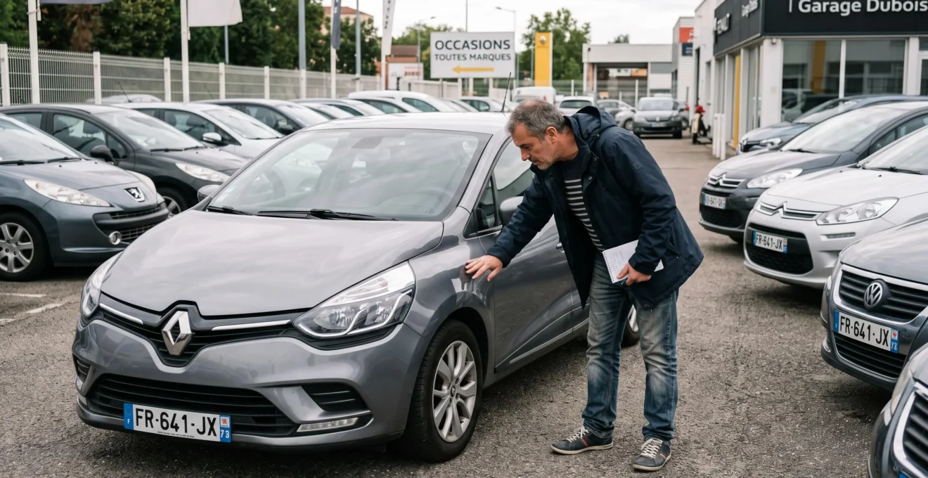 Person inspecting a used car at an outdoor dealership in France