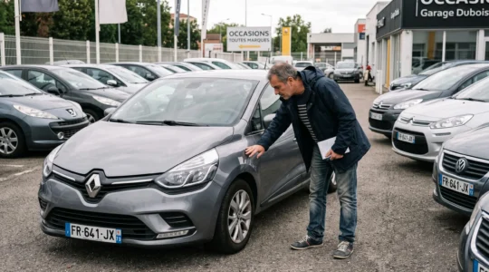 Person inspecting a used car at an outdoor dealership in France